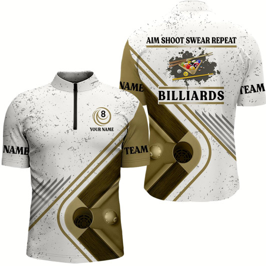 Goofygearprints Billiards Aim Shoot Swear Repeat Custom Billiard White Grunge Quarter-Zip Shirts For Men