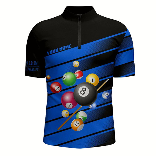 Goofygearprints Personalized Blue Pool Balls Quarter-Zip Shirts For Men, Less Talkin More Chalkin Billiard Jerseys