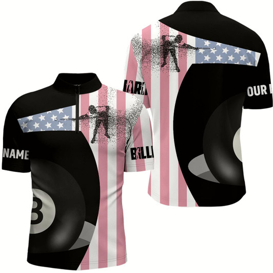 Goofygearprints Personalized 8 Ball Pool Us Flag Billiard Quarter-Zip Shirts For Men, Pool Player Billiards Jerseys