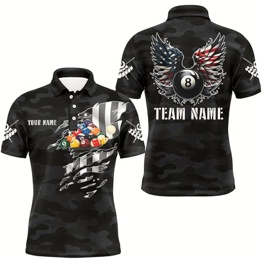 Goofygearprints Personalized Camouflage Us Flag Billiard Balls Shirts For Men, Funny Billiard 8 Ball Wings Jerseys Style 2