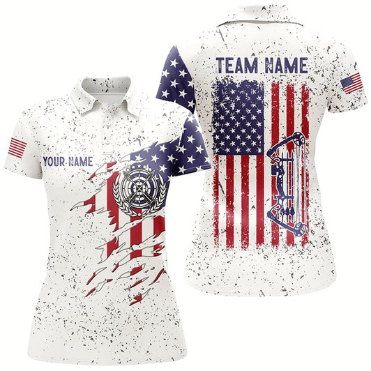 Goofygearprints Personalized White Grunge Us Flag Target Archery 3D Polo Shirts For Women, Custom Bow Archery Shirts