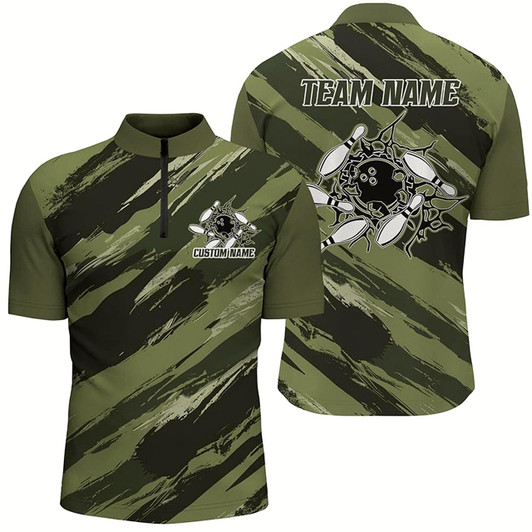 Goofygearprints Custom Navy Green Camo Bowling Shirts For Men And Women, Bowling Strike Team Shirts