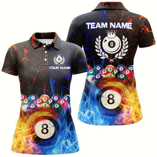 Goofygearprints Personalized Billiard 8 Ball Water Fire Name 3D Polo Shirts For Women Custom Pool League Shirts