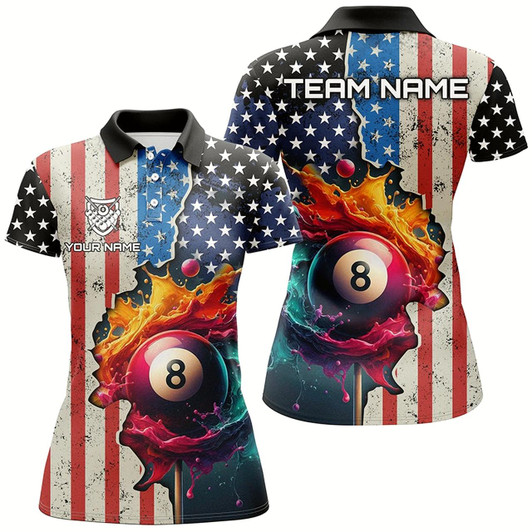 Goofygearprints Personalized Us Flag Billiard 3D Polo Shirts For Women, Colorful Paint Splash 8 Ball Billiard Jerseys Style 2