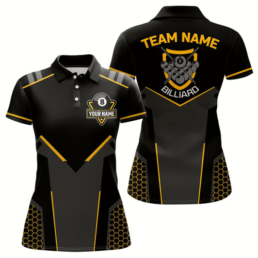 Goofygearprints Personalized Style Black Yellow 8 Ball Billiard 3D Polo Shirts For Women, 8 Ball Pool Team Jerseys Style 1