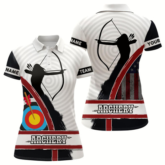 Goofygearprints Personalized American Flag Silhouette Archery Polo Shirts For Women, Custom 3D Target Archery Shirts
