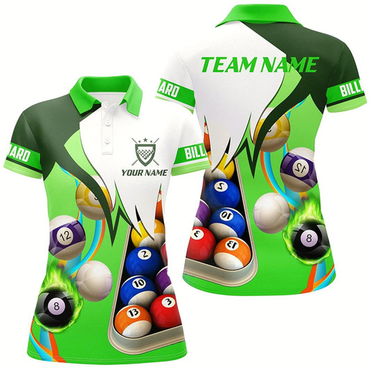 Goofygearprints Personalized Green 3D Billiard Balls Polo Shirts For Women, Custom Pool Billiard Team Shirts Style 1