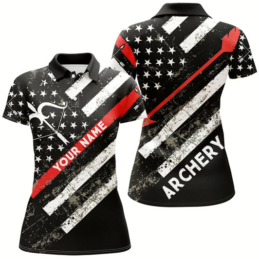 Goofygearprints Personalized Grunge American Flag Bow Archery Polo Shirts For Women, Custom Arrow Archery Shirts