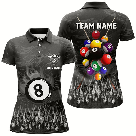 Goofygearprints Personalized Fire Flame 3D Billiard Balls Women Polo Shirts Custom Black Billiard Jersey Attire Style 2