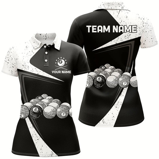 Goofygearprints Personalized Black White Grunge Billiard Balls Polo Shirts For Women, Custom 8 Ball Pool Team Shirts
