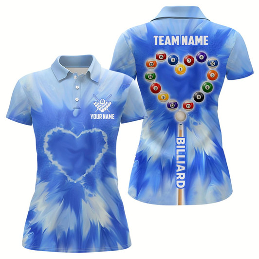 Goofygearprints Personalized Blue Tie Dye With Heart Billiard Women Polo Shirts Custom Unique Billiard Shirts Gifts