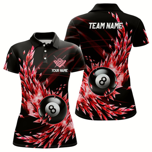 Goofygearprints 3D Red Frozen Ice Custom Women Billiard Polo & Quarter-Zip Shirts, 8 Ball Pool Billiard Attire Jersey