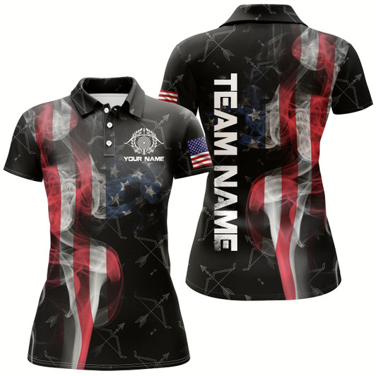 Goofygearprints Personalized Vintage Smoke Us Flag Archery Polo Shirts For Women, Archery Bows Pattern Jerseys