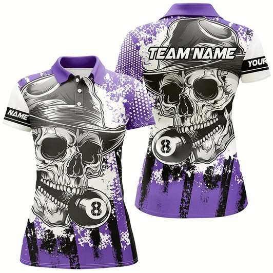Goofygearprints Personalized Purple Billiard Skull Holding 8 Ball Women Polo Shirts Custom Billiard Jersey Attire