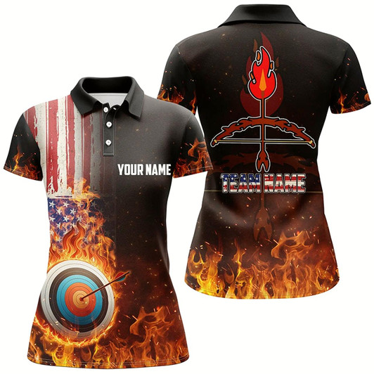 Goofygearprints Personalized Us Flag Flaming Target Archery 3D Polo Shirts For Women, Fire Bow Arrow Archery Jerseys