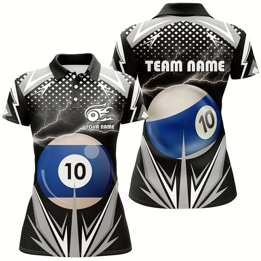 Goofygearprints Personalized Thunder Black 10 Ball Billiard 3D Polo Shirts For Women, 10 Ball Billiard Team Jerseys