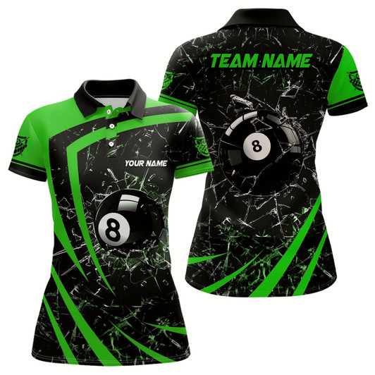 Goofygearprints Personalized Green Glass Break 8 Ball Billiard 3D Polo Shirts For Women, Custom 8 Ball Pool Jerseys Style 2