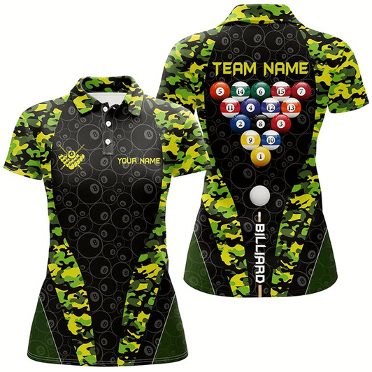Goofygearprints Personalized Billiard Balls Camo Pattern Women Polo Shirts Custom 8 Ball Team Shirts, Billiard Attire