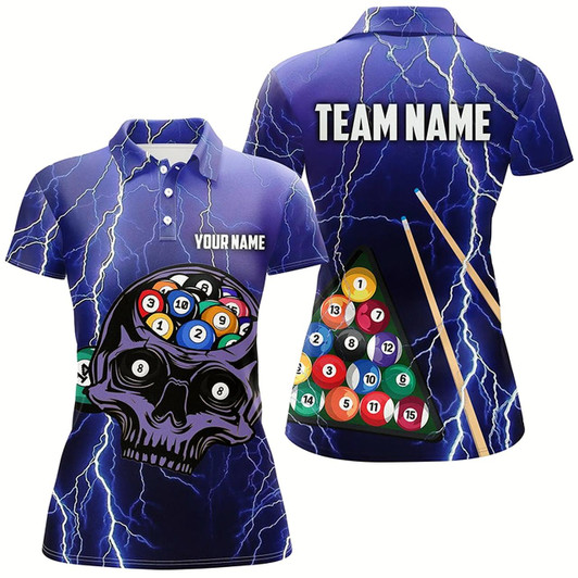 Goofygearprints Personalized Skull Billiard Thunder Lighting Polo Shirts For Women, Custom 3D Funny Billiard Shirts Style 1