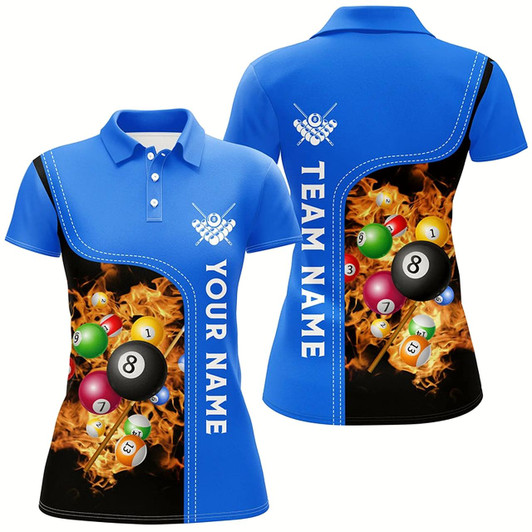 Goofygearprints Personalized Blue Fire Pool Balls Billiard Polo Shirts For Women, Custom 3D Billiard Team Jerseys