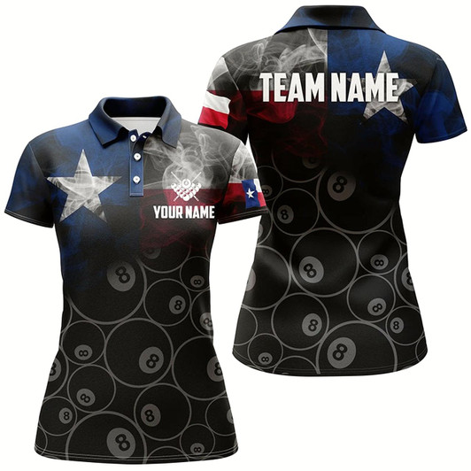 Goofygearprints Personalized Vintage Smoke Texas Flag Billiard Polo Shirts For Women, Custom 8 Ball Pool Team Jerseys Style 2