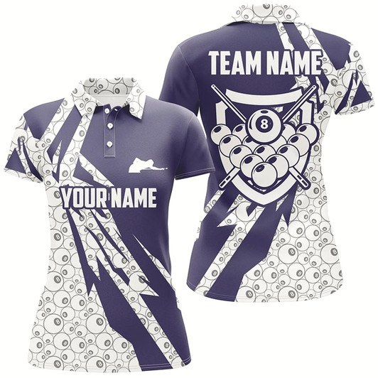 Goofygearprints Personalized 8 Ball Pattern Purple White Billiard Polo Shirts For Women, Billiard Balls Shirts