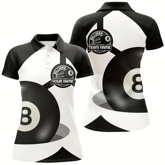 Goofygearprints Personalized 8 Ball Pool Black White Billiard Polo Shirts For Women, Custom Pool Billiards Jerseys