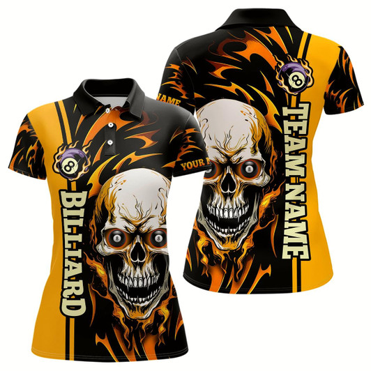 Goofygearprints Personalized Yellow Billiard Skull Player 3D Women'S Polo Shirts Custom Name Billiard Team Uniform