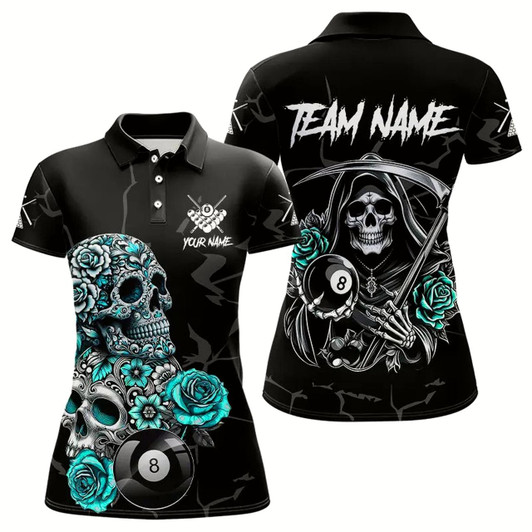 Goofygearprints Personalized Funny Turquoise Skull Roses 8 Ball Billiard Shirts For Women Custom Pool Team Shirts