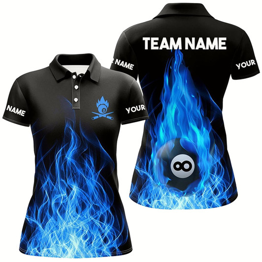 Goofygearprints Custom Name Blue Flaming Billiard 3D Polo Shirts For Women Custom Billiard 8 Ball For Team