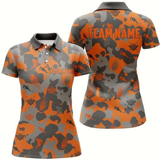 Goofygearprints Personalized Orange Camouflage Billiard Women Polo Shirts Best Custom Billiard Team Outfit Style 3