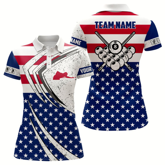 Goofygearprints Personalized Billiard Balls American Flag Women Polo Shirts Custom Patriotic Billiard Player Outfit