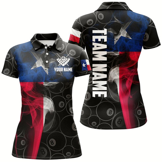 Goofygearprints Personalized Vintage Smoke Texas Flag Billiard Polo Shirts For Women, Custom 8 Ball Pool Team Jerseys Style 3
