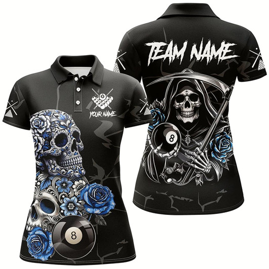 Goofygearprints Personalized Funny Blue Skull Roses 8 Ball Billiard Shirts For Women Custom Pool Team Shirts Designs
