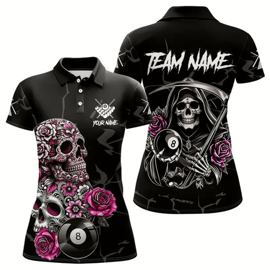 Goofygearprints Personalized Pink Funny Skull Roses 8 Ball Billiard Shirts For Women Custom Pool Team Shirts