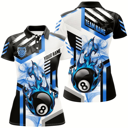 Goofygearprints Blue 8 Ball Pool Fire Flame Smoke Custom Billiard Shirts For Women, Billiard Jerseys Team Uniform