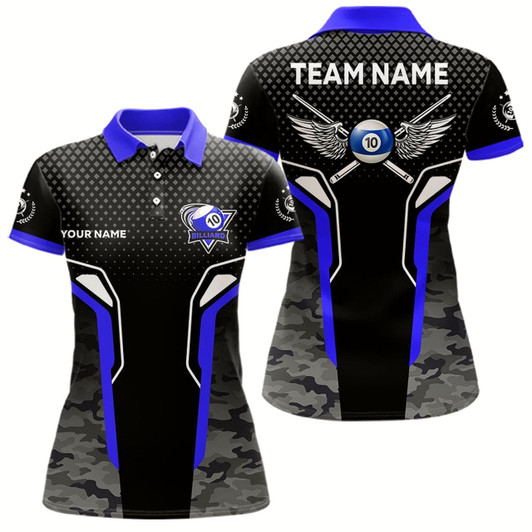 Goofygearprints Black And Blue 10 Ball Pool Wings Custom Camo Billiard Shirt For Women, 10 Ball Billiard Team Jerseys