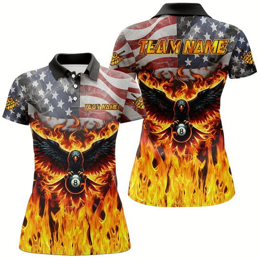 Goofygearprints Personalized Flame American Flag Custom Eagle Billiard Shirts For Women, Patriotic Billiard Jerseys