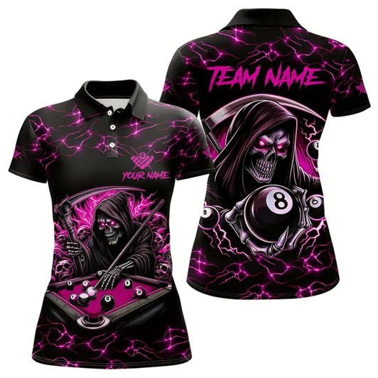 Goofygearprints Pink Funny Death Skeleton 8 Ball Pool Women Billiard Shirts Custom Lightning Billiard Jerseys