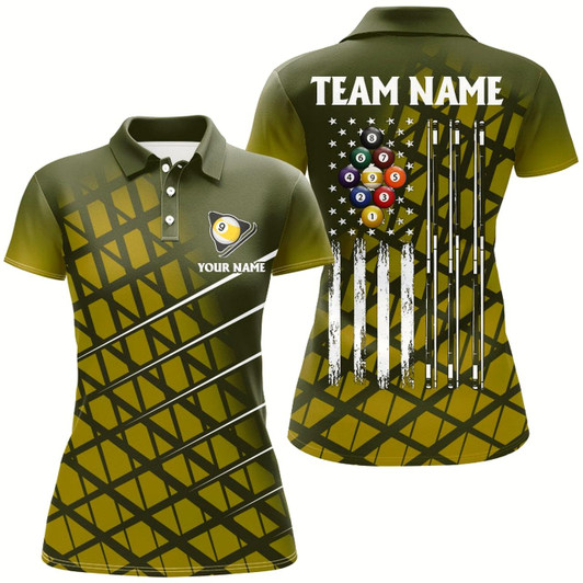 Goofygearprints Personalized Yellow Retro American Flag Women Billiard Shirts Custom 9 Ball Pool Billiard Jerseys Style 2