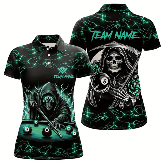 Goofygearprints Turquoise Funny Death Skeleton Roses 8 Ball Pool Women Billiard Shirts Custom Thunder Billiard Jersey Style 2