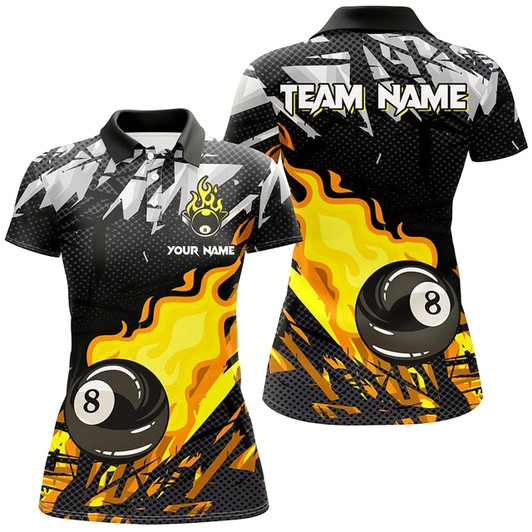 Goofygearprints Yellow 8 Ball Fire Flame Grunge Pattern Custom Billiard Shirts For Women, 8 Ball Pool Jerseys Outfit