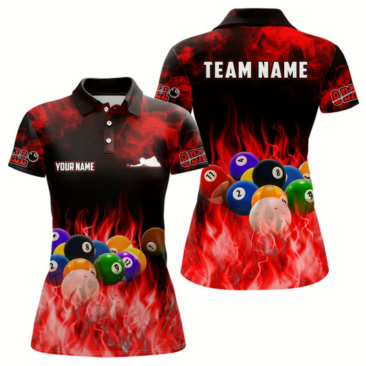 Goofygearprints Personalized Billiard Balls Flame Billiard Red 3D Polo Shirts For Women, Custom 8 Ball Pool Jerseys Style 1