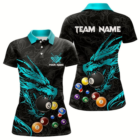 Goofygearprints Personalized Blue Cyan Black Dragon Billiard Balls Pool Shirt For Women, Billiard League Team Jersey