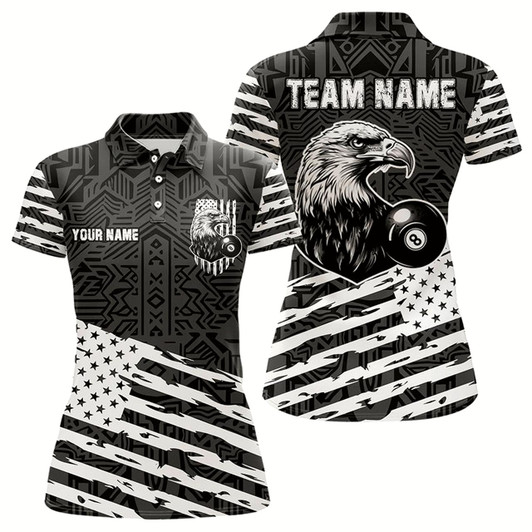Goofygearprints Personalized Black White Us Flag Eagle Billiard Shirt For Women Custom Patriotic Billiard Pool Jersey