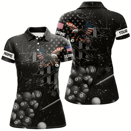 Goofygearprints Customized Eagle Retro Us Flag Black Billiard Shirts For Women, Best Patriotic Pool Player Shirts Style 1