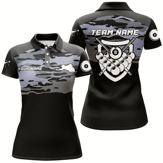 Goofygearprints Personalized Silver Lighting 8 Ball Black Billiard Polo Shirts For Women, Custom Billiards Jerseys