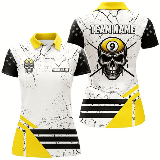 Goofygearprints Funny Skull 9 Ball Grunge Crack Custom Billiard Shirts For Women, 9 Ball Team Shirts Pool Jerseys