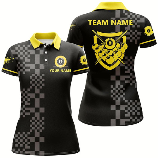Goofygearprints Personalized Abstract Square Pattern 8 Ball Pool Yellow Black Billiard 3D Polo Shirts For Women