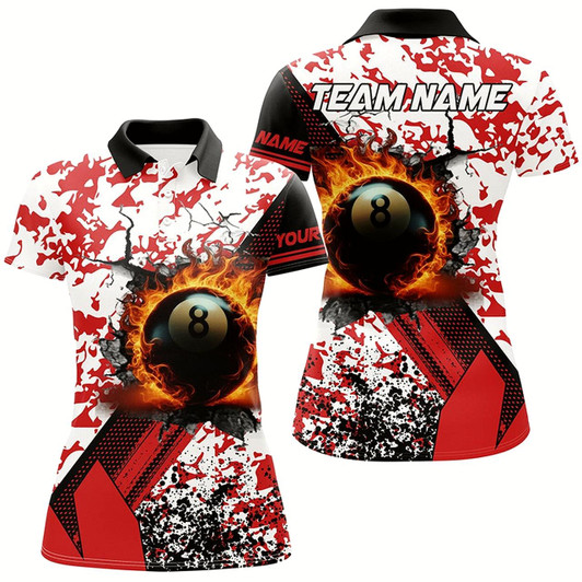 Goofygearprints Custom 8 Ball Pool Fire Billiard Shirts For Women, Red Grunge Camo Billiard Shirts Jersey For Team